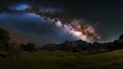 Fototapeta premium A clear, starry night sky with the Milky Way stretching above rugged mountain peaks