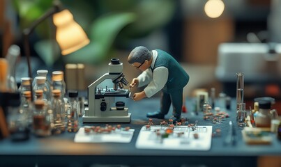 A miniature scientist using a microscope.