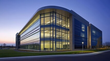Modern corporate headquarters building with sleek, innovative architecture. Structure stands as a representation of company's identity, emphasizing values, commitment, and a forward-thinking culture