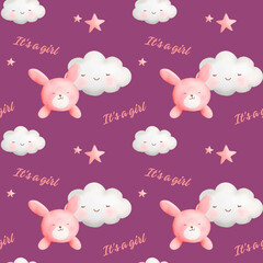 Obraz premium Seamless pattern with pink bunnies, happy clouds, stars and the text 