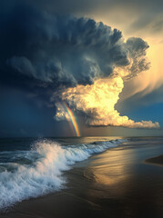 Powerful clouds and rainbow over sea at sunset