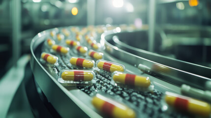 Red capsules moving along an assembly line in a pharmaceutical manufacturing facility during daytime operations