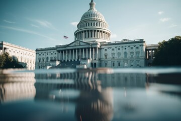 Fototapeta premium Capitol building reflected in tranquil water with political symbolism gradient background