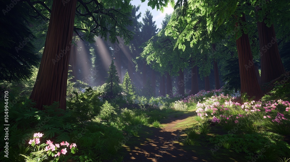 Poster A dense, mist-covered forest with soft sunlight filtering through the trees, casting an enchanting glow on the scene