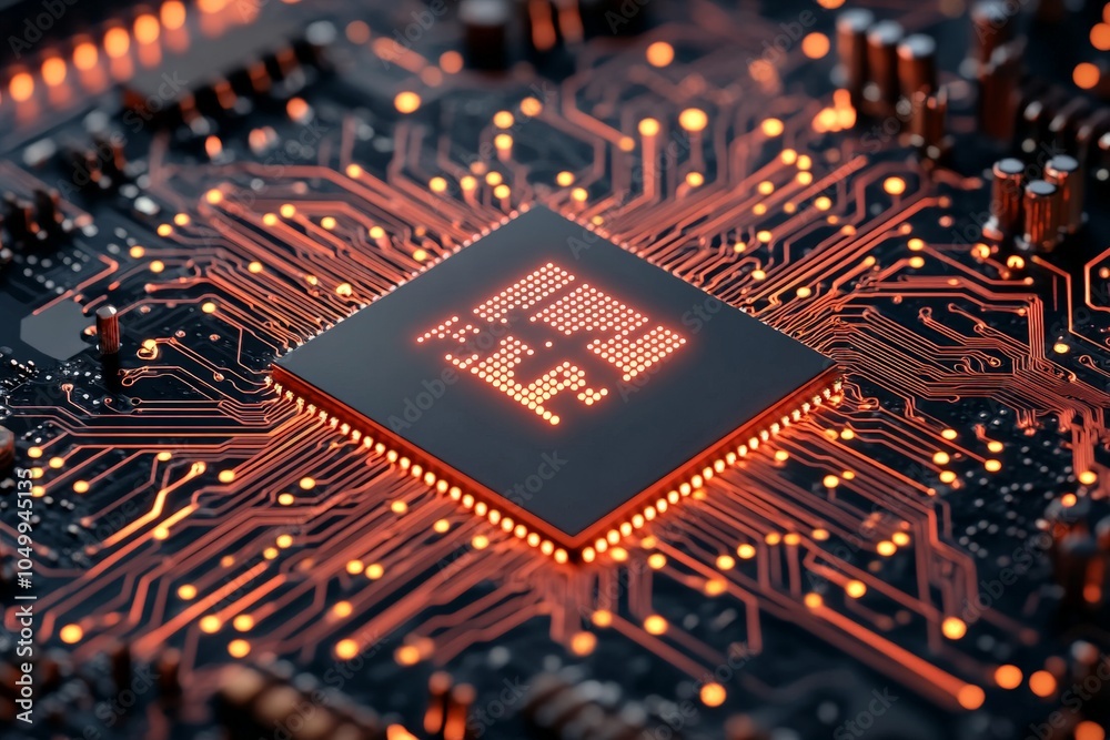 Poster a detailed view of a glowing microchip surrounded by complex circuitry highlighting modern technolog