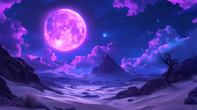 A desert scene with soft, rolling dunes under a large, glowing full moon and a sky filled with stars