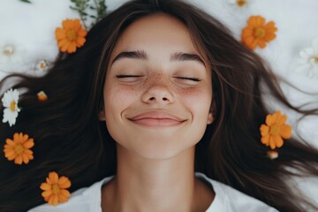 Naklejka premium A young woman lies on a white background with her eyes closed, smiling softly with flowers arranged in her hair, giving off a serene and peaceful vibe.