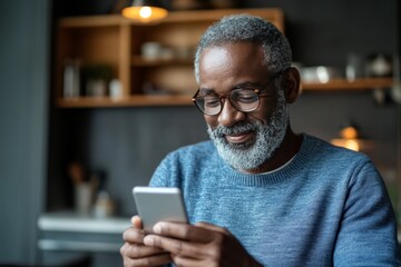 A cheerful man with gray hair and a beard, wearing glasses and a sweater, smiles while using a smartphone in a modern, warmly lit kitchen setting.