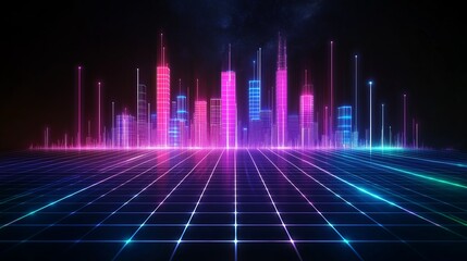 A futuristic city skyline glowing with neon lights in shades of pink, purple, and blue, under a starry sky.