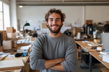 Obraz premium A cheerful man with a beard, arms crossed, standing confidently in a modern workspace filled with various office supplies and materials, expressing satisfaction and success.
