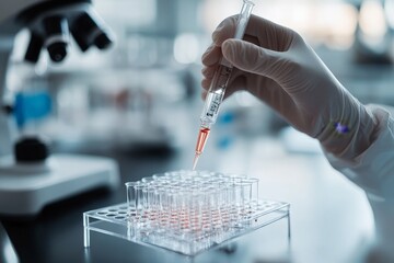 A scientist's gloved hand holds a syringe over an array of test tubes, set in a laboratory with a microscope in the background, emphasizing scientific research and precision.