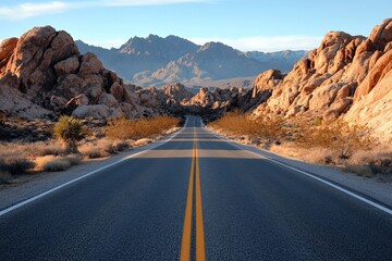 Fototapeta premium A scenic highway stretches through a desert landscape adorned with rocky formations and distant mountains, symbolizing travel and adventure on an open road journey.