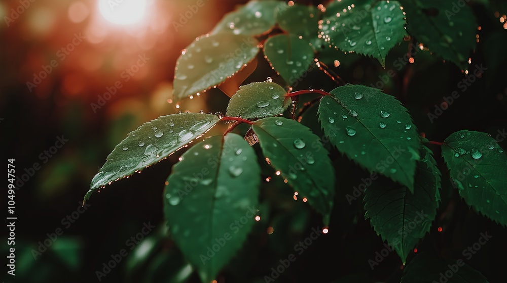 Poster a macro shot of a fresh green leaf covered in tiny droplets of morning dew, with sunlight creating a