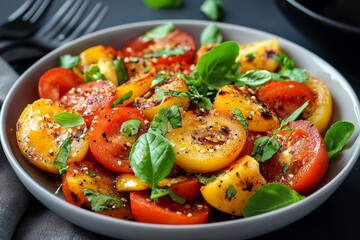 A dish of vibrant sliced tomatoes is garnished with fresh basil and pepper on a black plate, conveying freshness, taste, and culinary vibrance in modern dining.