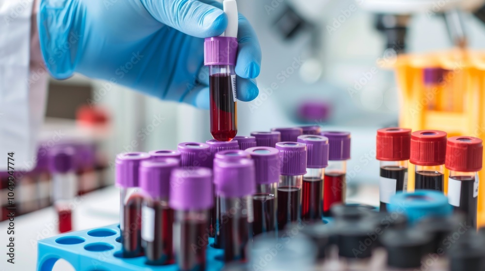 Poster a detailed view of a laboratory technician preparing a blood sample for analysis with focus on the s