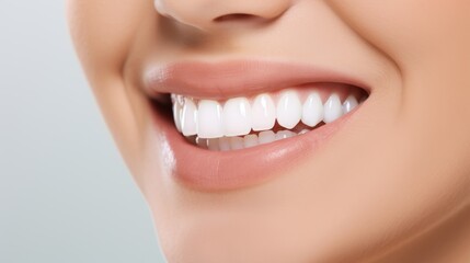 Fototapeta premium A female displays a radiant smile featuring brilliantly white crown teeth, highlighting excellent dental care and veneer artistry in a clean, bright setting