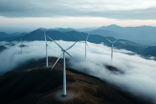 Majestic wind turbines positioned above fog-covered, mountainous landscape, capturing the synergy between nature and technology, under a moody sky setting.