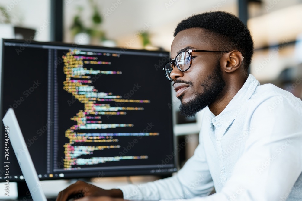 Poster a focused programmer with glasses examines code on a computer screen, surrounded by a modern tech en