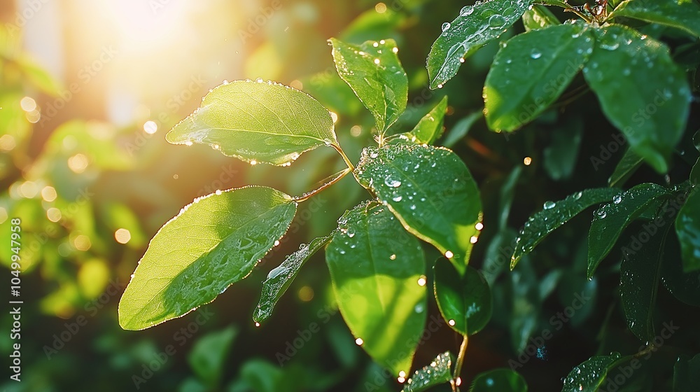 Poster a macro shot of a fresh green leaf covered in tiny droplets of morning dew, with sunlight creating a