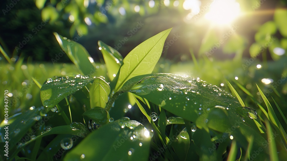 Poster a macro shot of a fresh green leaf covered in tiny droplets of morning dew, with sunlight creating a