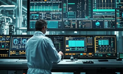 A man in a white jumpsuit monitors a control panel with multiple screens in an industrial setting. - Powered by Adobe
