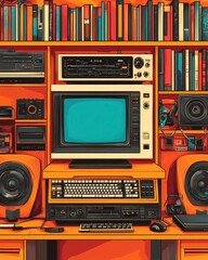 Fototapeta premium A retro computer setup with a vintage television, speakers, and bookshelves in the background.