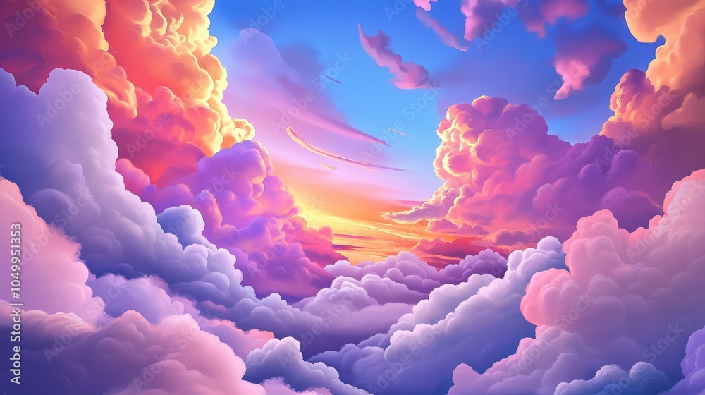 Poster a scene from above the clouds at sunset, with pink and orange hues illuminating the fluffy cloudscap