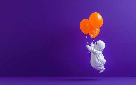 A charming minimalistic Halloween design showcasing a small ghost in a white outfit, playfully holding orange balloons on a bold purple background. - Powered by Adobe