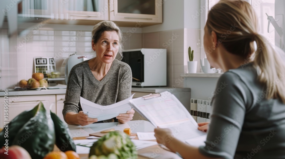 Poster a detailed view of a nutritionist consulting with a patient about a healthy diet plan with focus on 