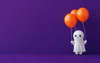 A charming minimalistic Halloween design showcasing a small ghost in a white outfit, playfully holding orange balloons on a bold purple background.