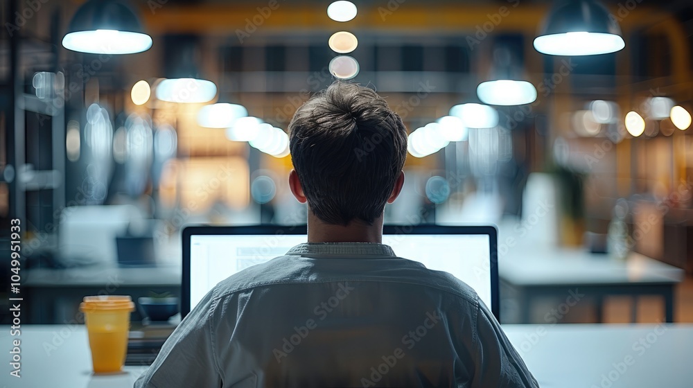 Aufkleber an worker working in a laptop, business review or online report at agency. budget, planning and cons