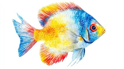 Fototapeta premium A colorful watercolor image of a tropical fish in bright shades of blue, yellow, and red, painted with fine details and isolated on a white background for a vibrant look