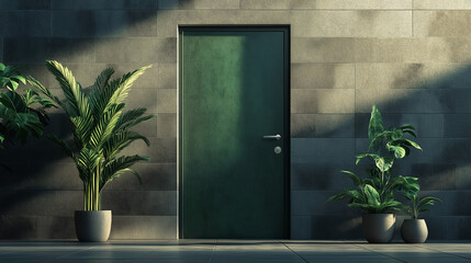green door of white house , entrance to the house , plants on pot
