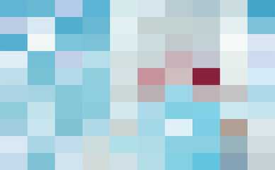 heavily pixelated, making it difficult to discern specific details or objects. It consists of a grid of squares in various shades of blue, white, and a few red and brown tones