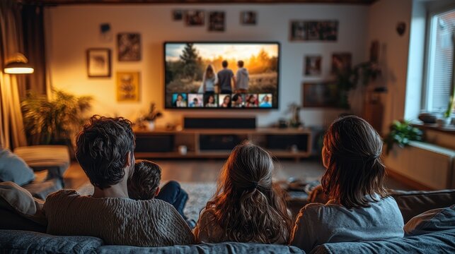 A family gathered in a cozy living room watches as a smart TV displays a montage of family photos synced from the cloud. As each picture flashes, stories are shared, laughter fills the room, 