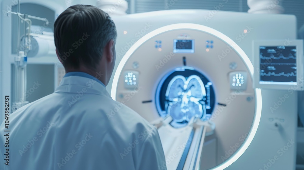 Aufkleber A detailed view of a radiologist analyzing a CT scan with focus on the scan images and diagnostic equipment, set against a clean, high-tech imaging room