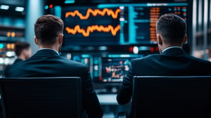 Obraz premium Analyzing market trends insights from financial analysts in a high-tech environment