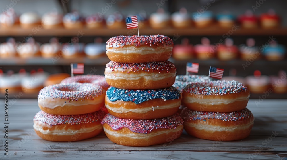 Aufkleber a towering stack of donuts with alternating red, white, and blue frosting, topped with small america