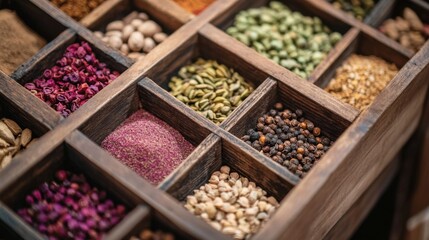 Vibrant Middle Eastern Spices in Rustic Rack