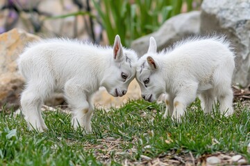 Fototapeta premium Two Energetic White Goats Discovering a World of Greenery