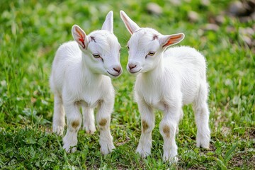 Obraz premium Delightful Scene of Baby Goats Playfully Roaming in Grass