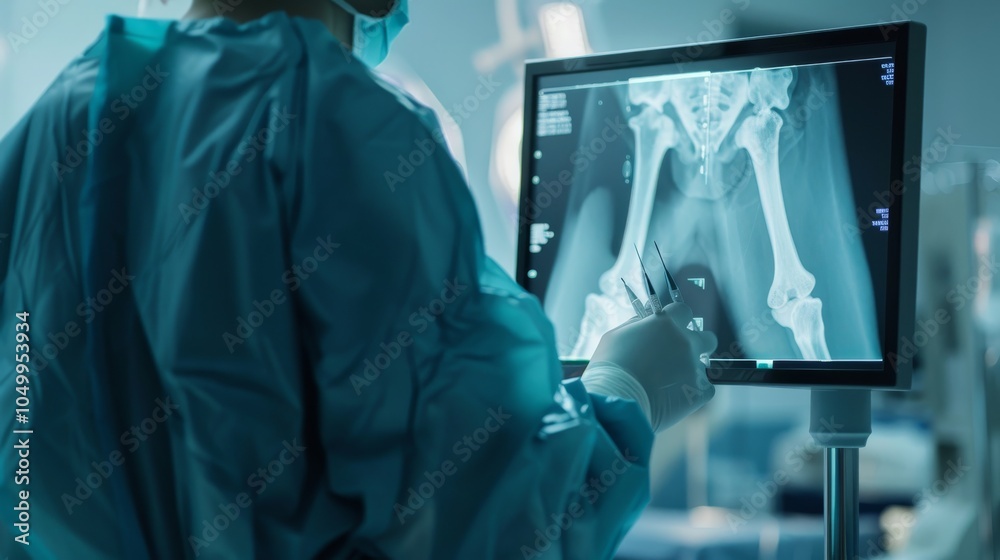 Poster a detailed view of an orthopedic surgeon examining an x-ray image of a patient��s bone with focus on