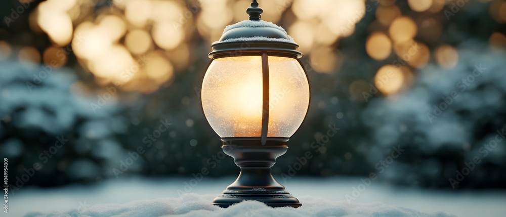 Poster snowy lantern with warm glow in winter setting