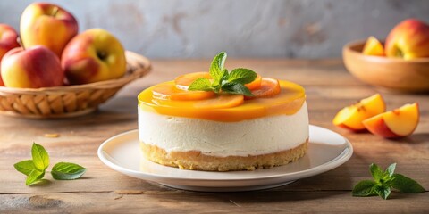 A Freshly Baked Peach and Cream Cheese Dessert With a Mint Garnish on a Wooden Table