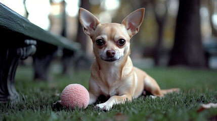 Chihuahua lying on green grass with toy, surrounded by trees in a dog park