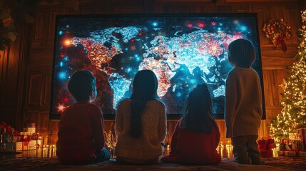 Family members gather around a large digital map that highlights holiday celebrations from different family branches globally, uniting them in a shared experience from afar 