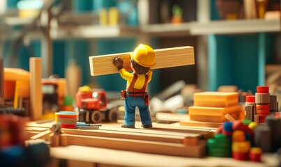 Fototapeta premium Construction worker figurine carrying a wooden plank.