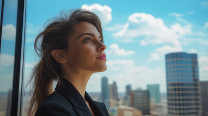Confident businesswoman gazing at urban skyline in bright cityscape
