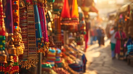Colorful beaded jewelry hangs in a bustling market, with the sun shining down.