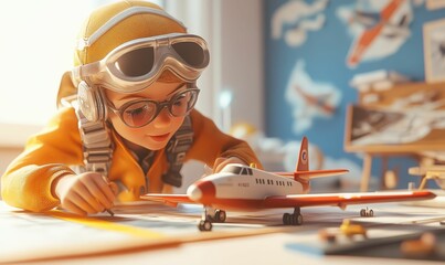 Boy playing with toy airplane.